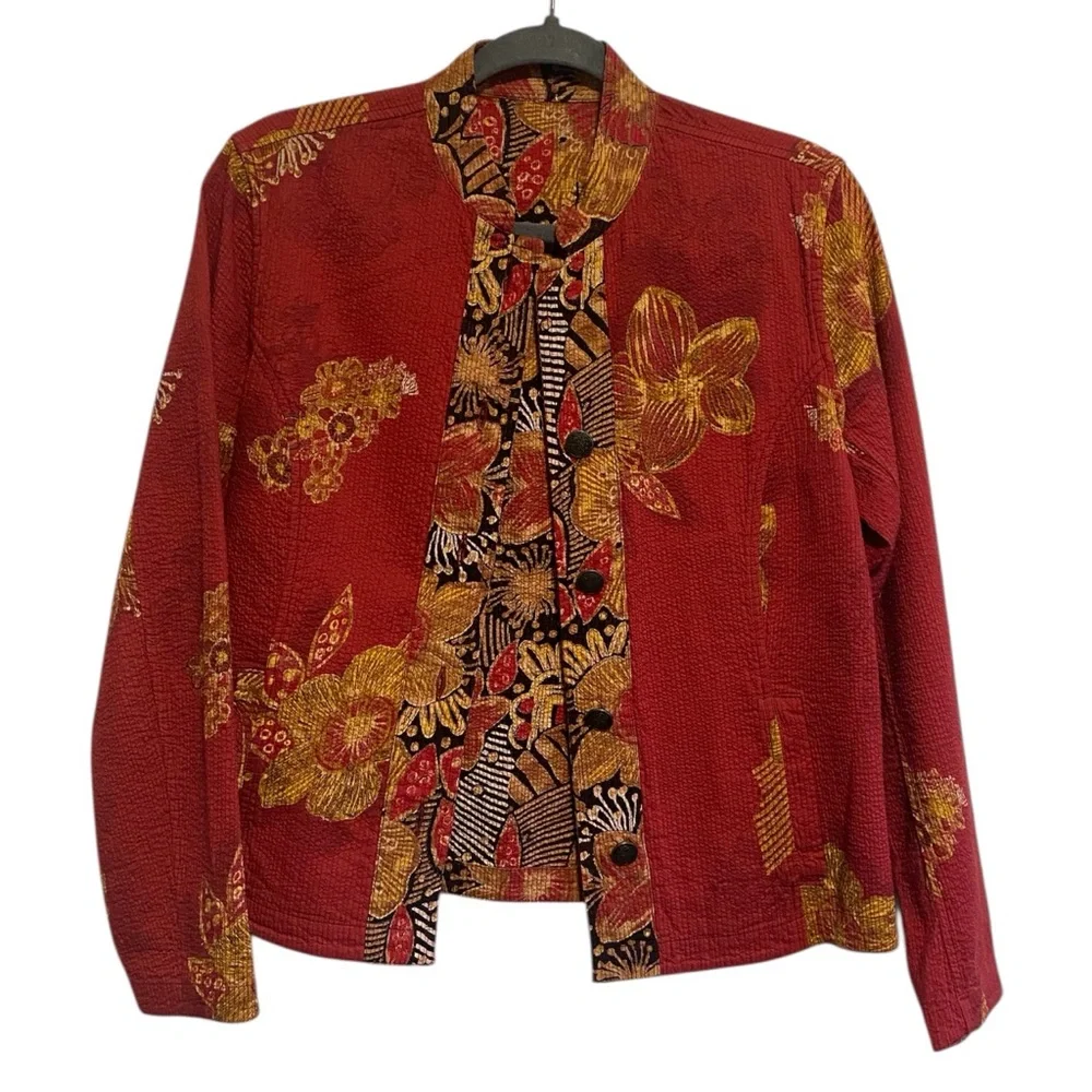 Reversible Floral Red Black Orange Floral Abstract Patterned Jacket -S/M